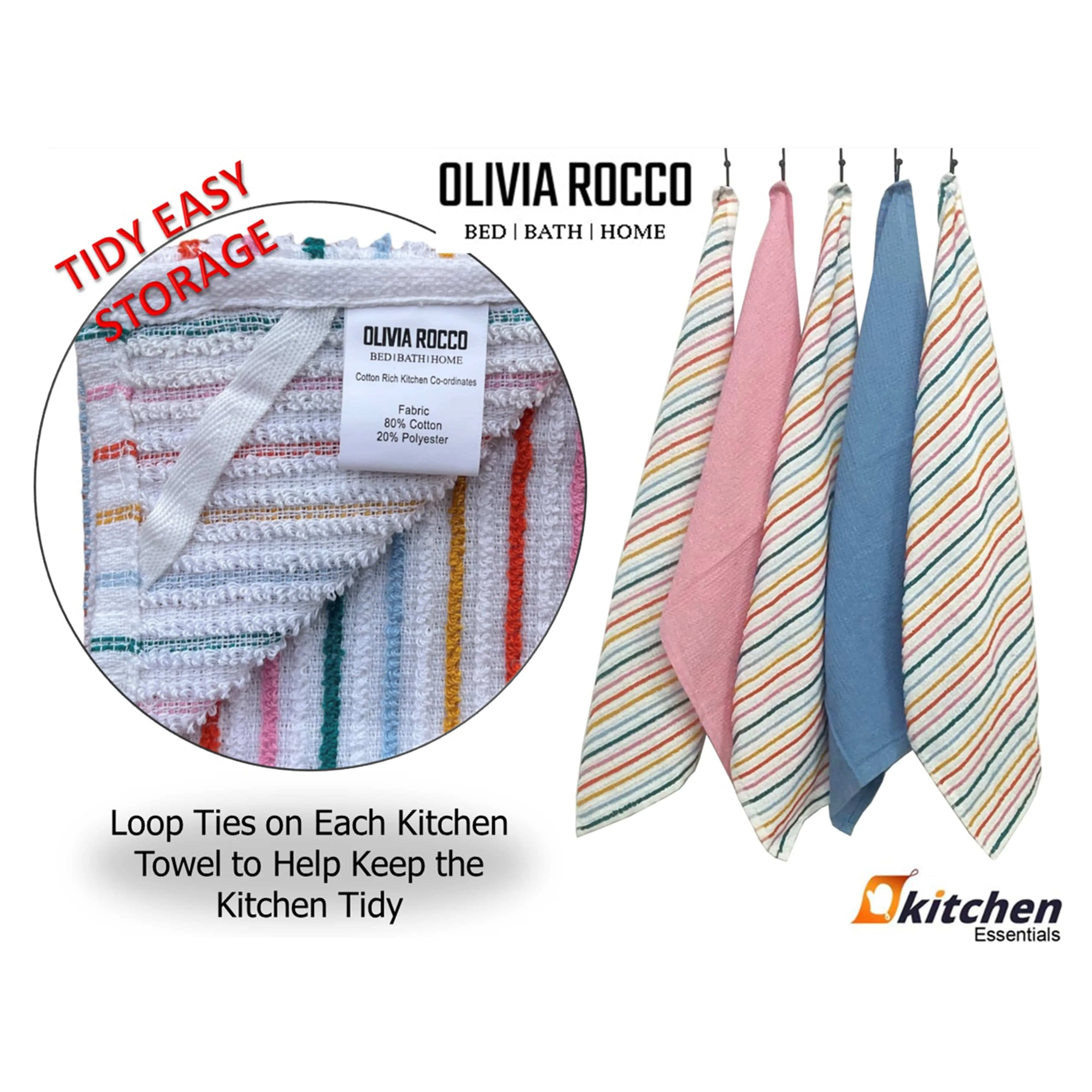 5 Pack Super Absorbent Cotton Kitchen Tea Towels Striped Quick Drying Reusable Ribbed Waffle 45cm x 65cm by OLIVIA ROCCO