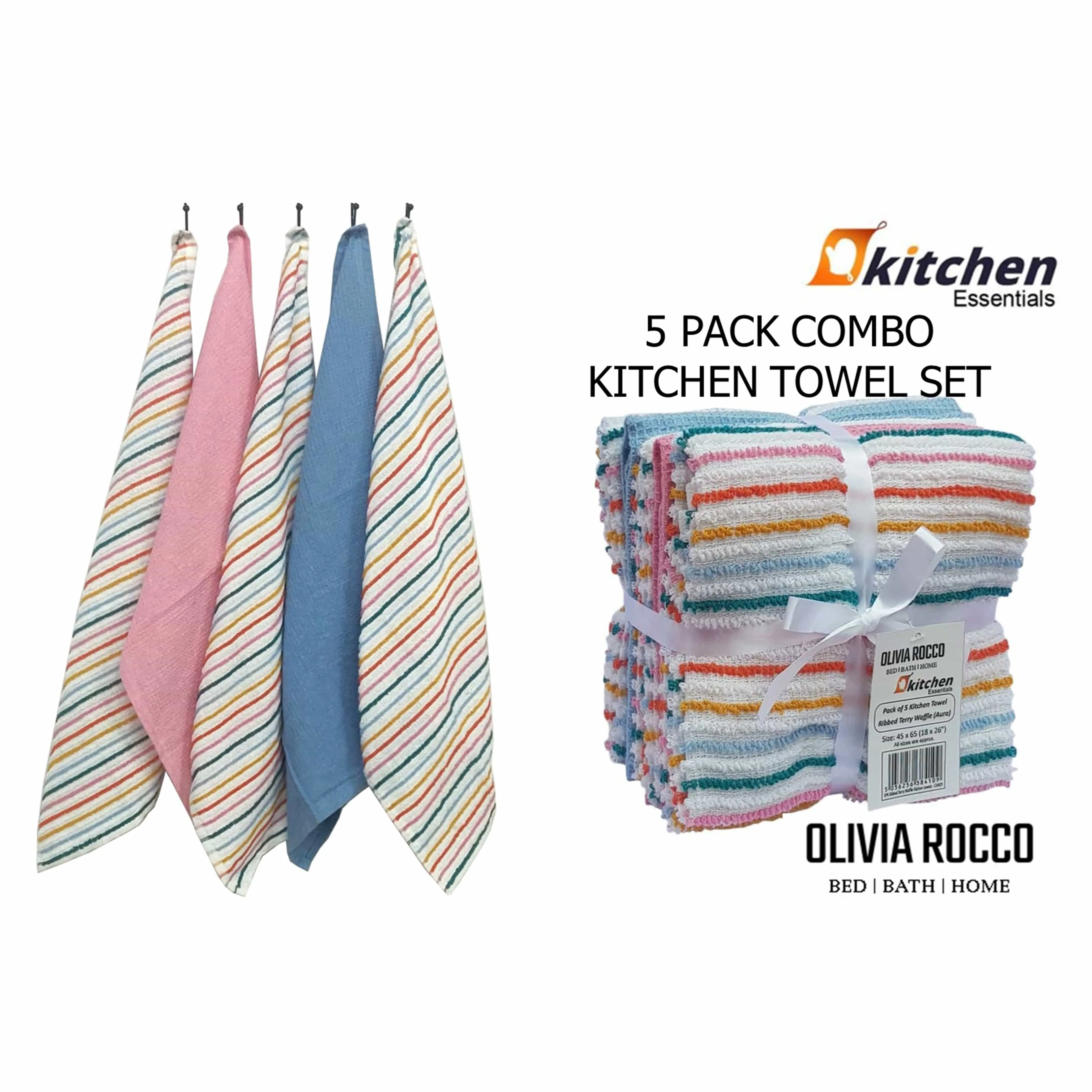 5 Pack Super Absorbent Cotton Kitchen Tea Towels Striped Quick Drying Reusable Ribbed Waffle 45cm x 65cm by OLIVIA ROCCO