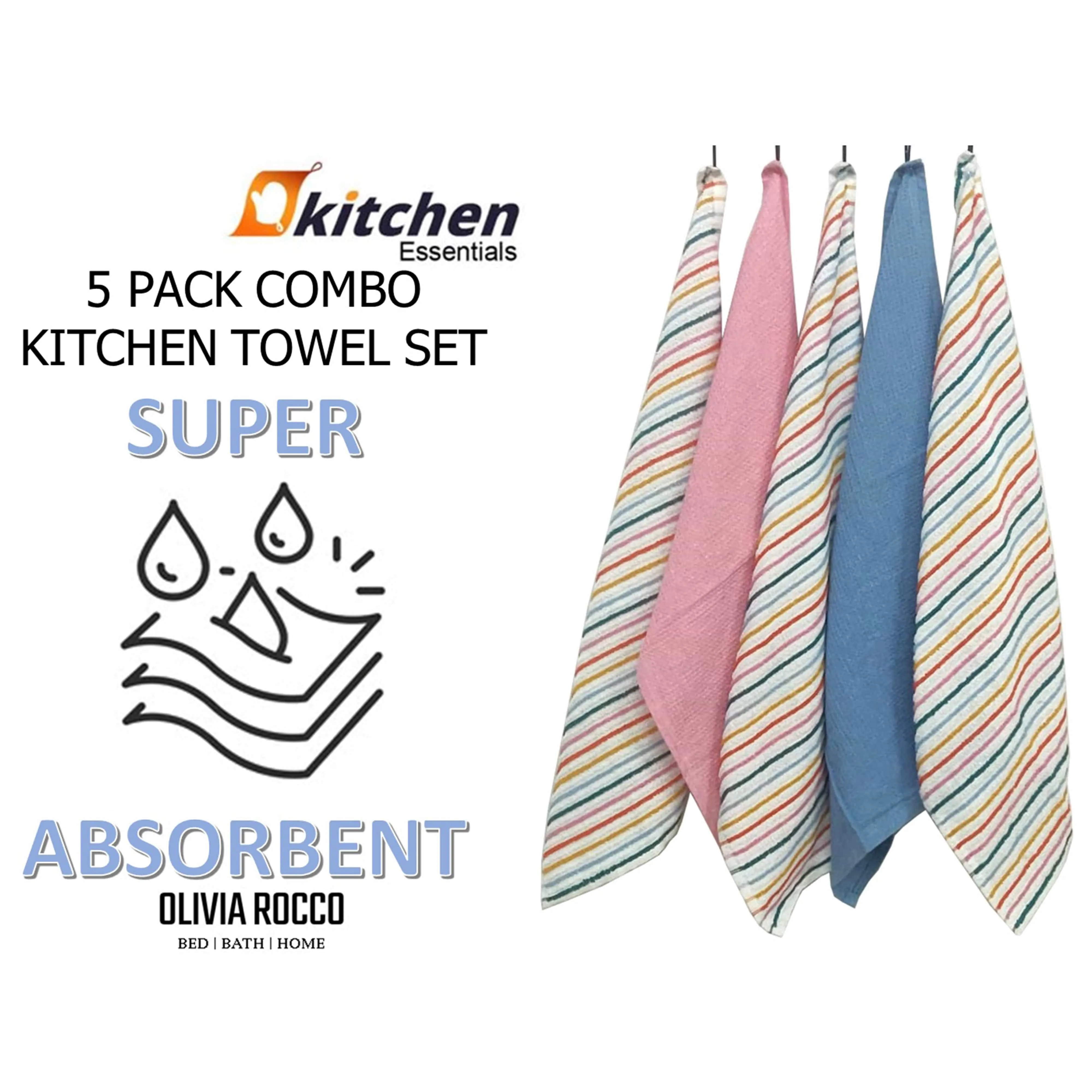 5 Pack Super Absorbent Cotton Kitchen Tea Towels Striped Quick Drying Reusable Ribbed Waffle 45cm x 65cm by OLIVIA ROCCO