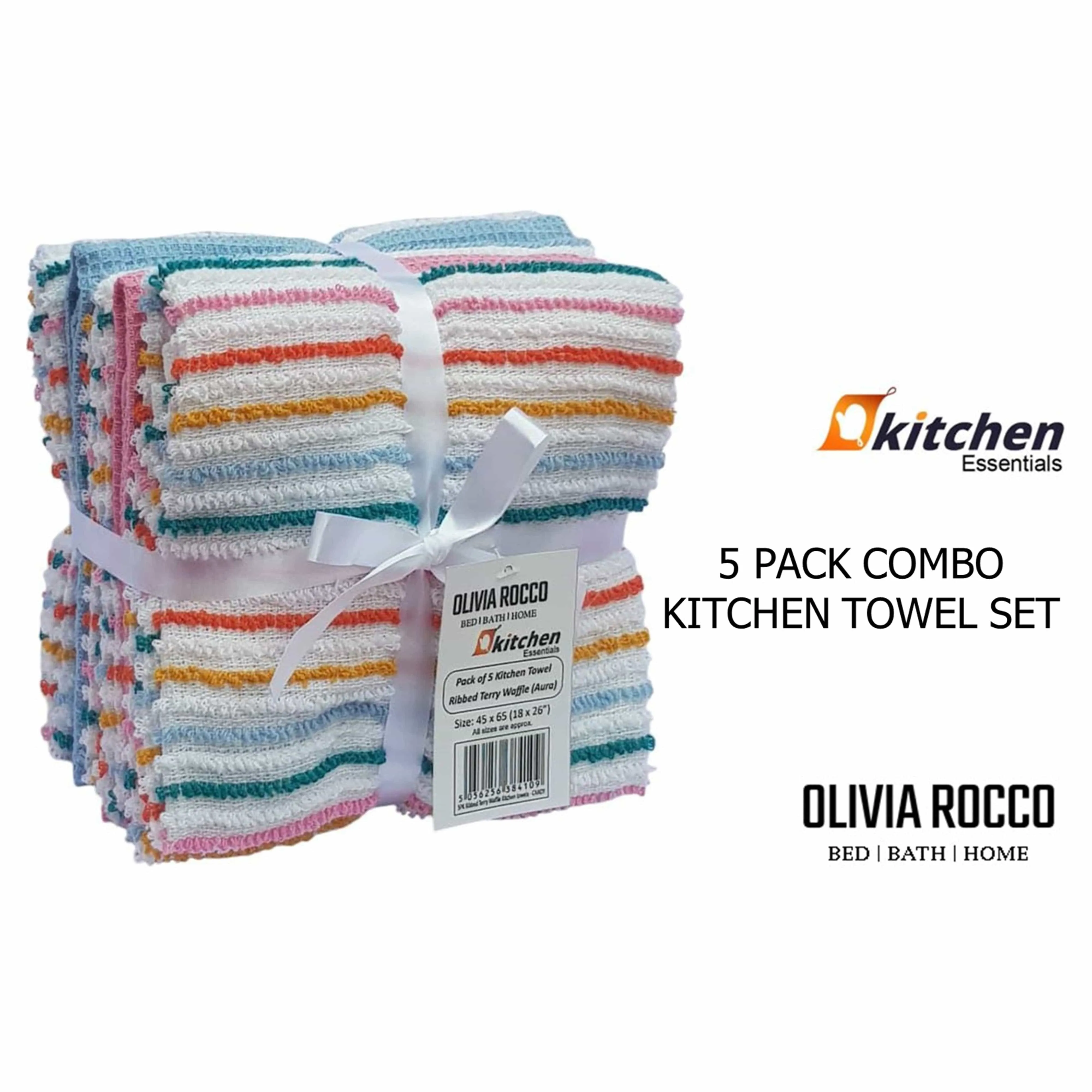 5 Pack Super Absorbent Cotton Kitchen Tea Towels Striped Quick Drying Reusable Ribbed Waffle 45cm x 65cm by OLIVIA ROCCO