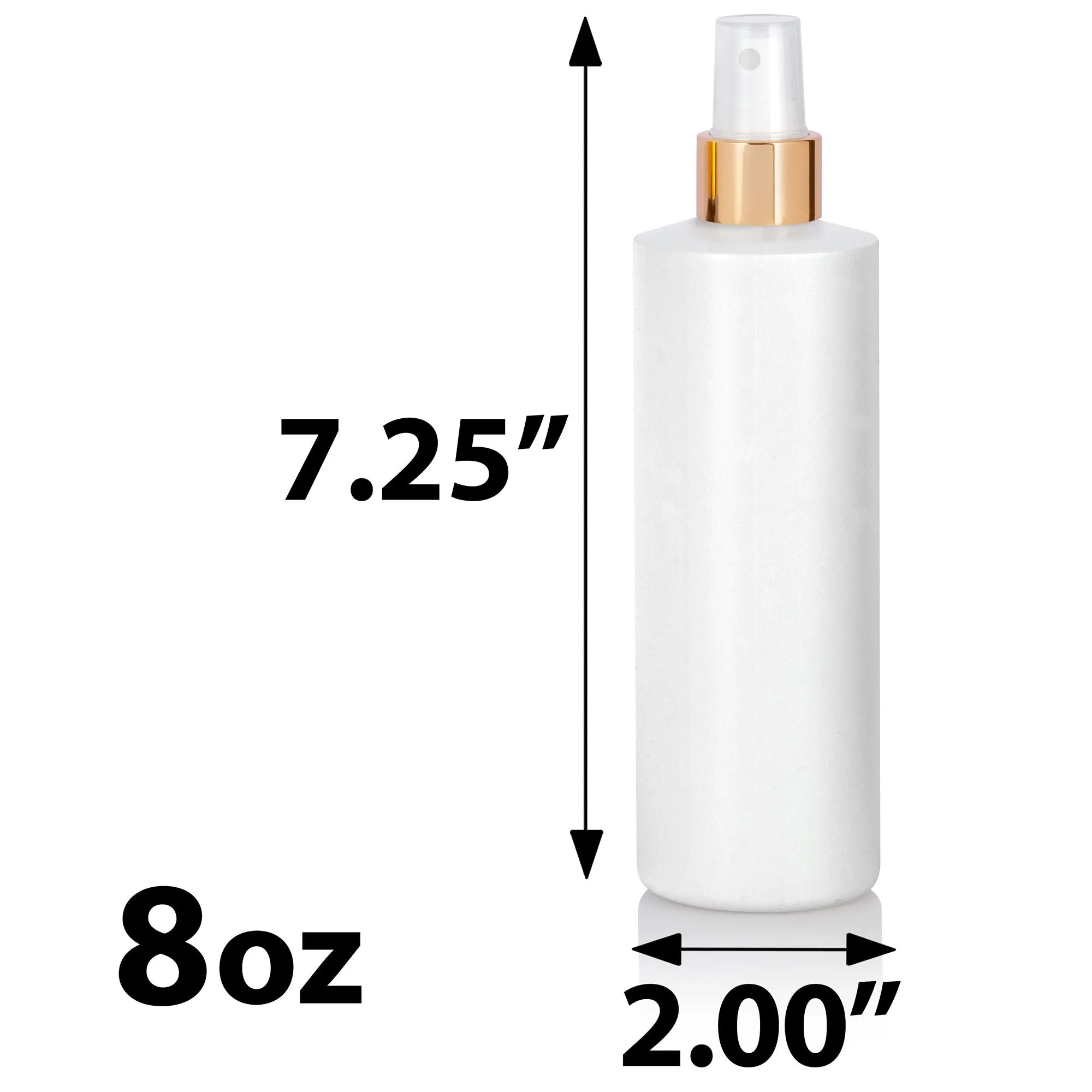 8 oz White Plastic PET Cylinder Bottle with Gold Lotion Pump, Gold Fine Mist Sprayer, Gold Disc Cap Set