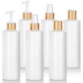 8 oz White Plastic PET Cylinder Bottle with Gold Lotion Pump, Gold Fine Mist Sprayer, Gold Disc Cap Set