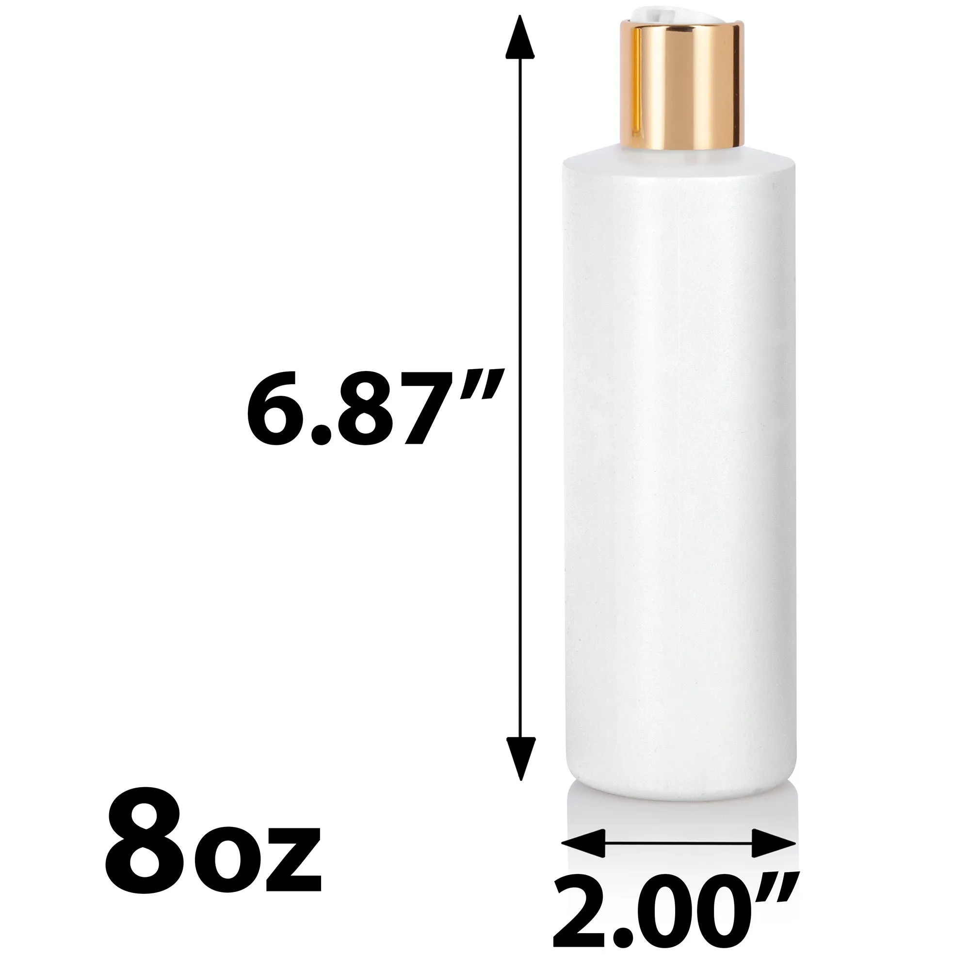 8 oz White Plastic PET Cylinder Bottle with Gold Lotion Pump, Gold Fine Mist Sprayer, Gold Disc Cap Set