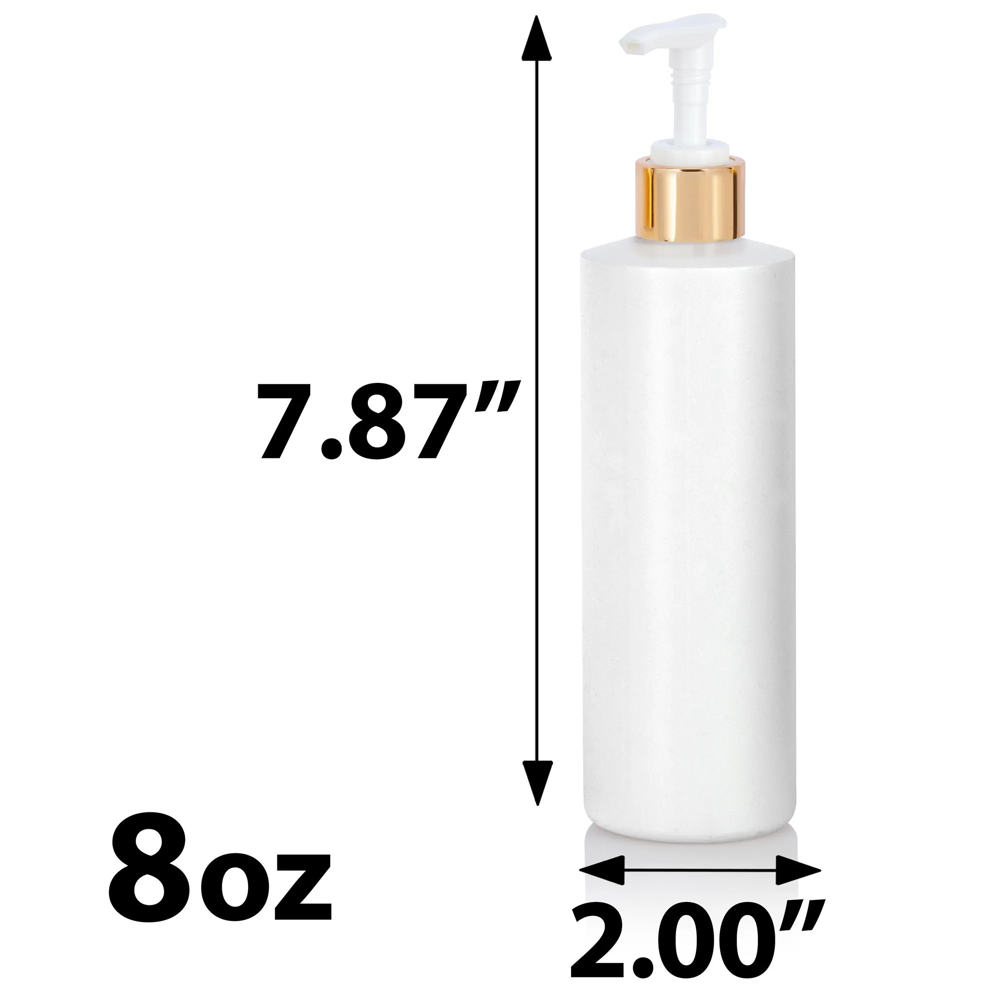 8 oz White Plastic PET Cylinder Bottle with Gold Lotion Pump, Gold Fine Mist Sprayer, Gold Disc Cap Set