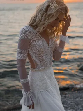 Beach Long Sleeve Lace Wedding Dresse Soft Custom Wedding Dress ER2005