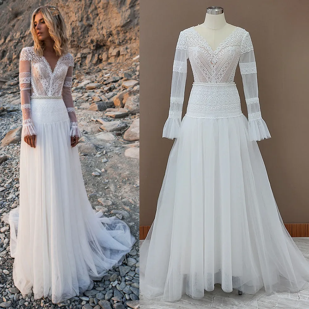 Beach Long Sleeve Lace Wedding Dresse Soft Custom Wedding Dress ER2005