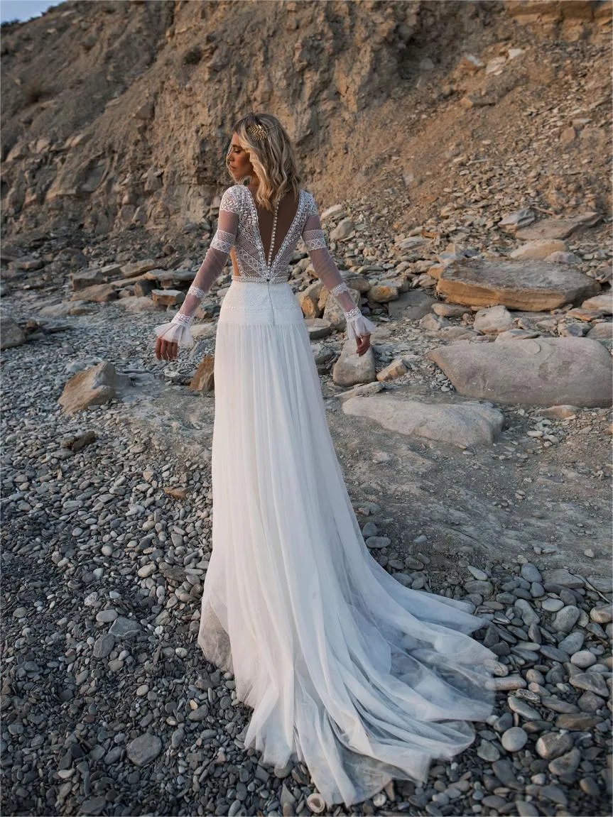 Beach Long Sleeve Lace Wedding Dresse Soft Custom Wedding Dress ER2005