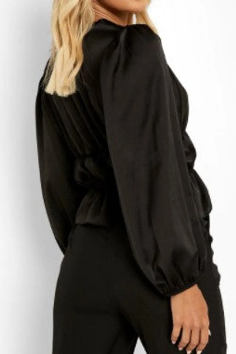 Black Long Sleeve Ruched Detail Peplum Top