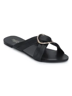 Black PU Twisted Strap Buckled Slip-on Flats