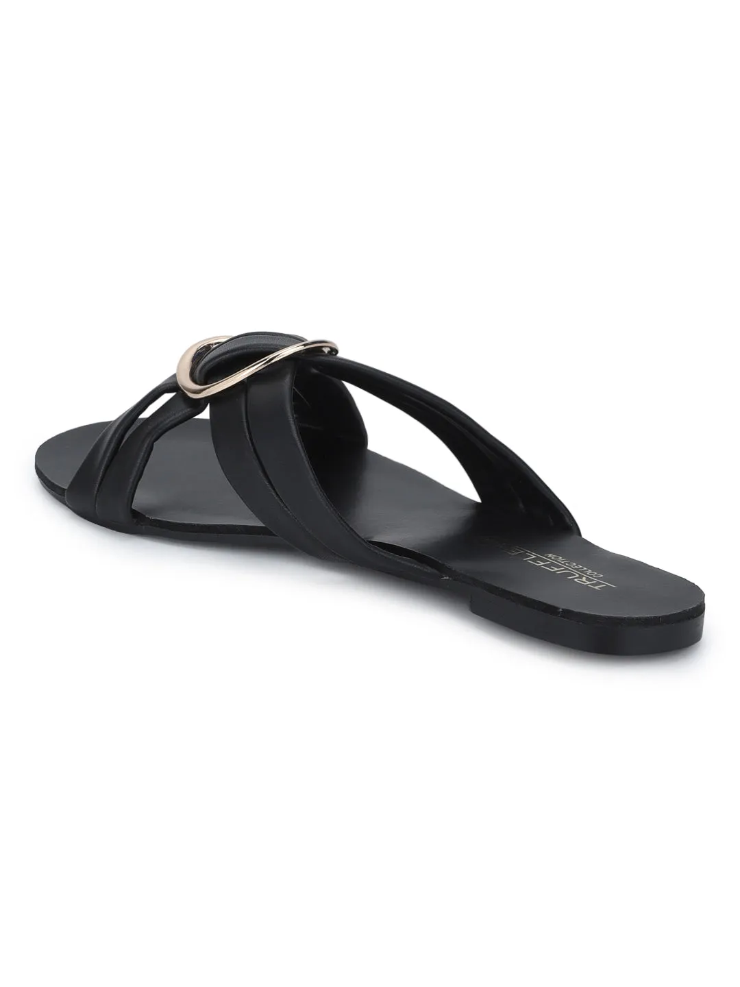 Black PU Twisted Strap Buckled Slip-on Flats