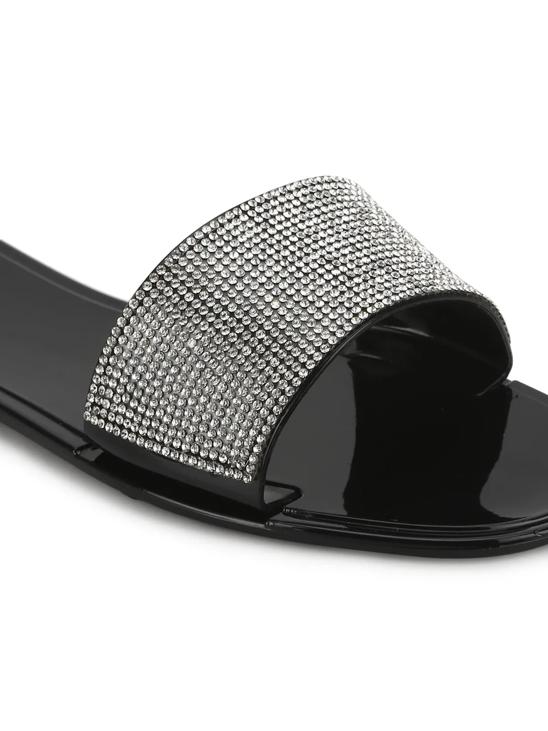 Black PVC Diamante Stripe Slip On Flats