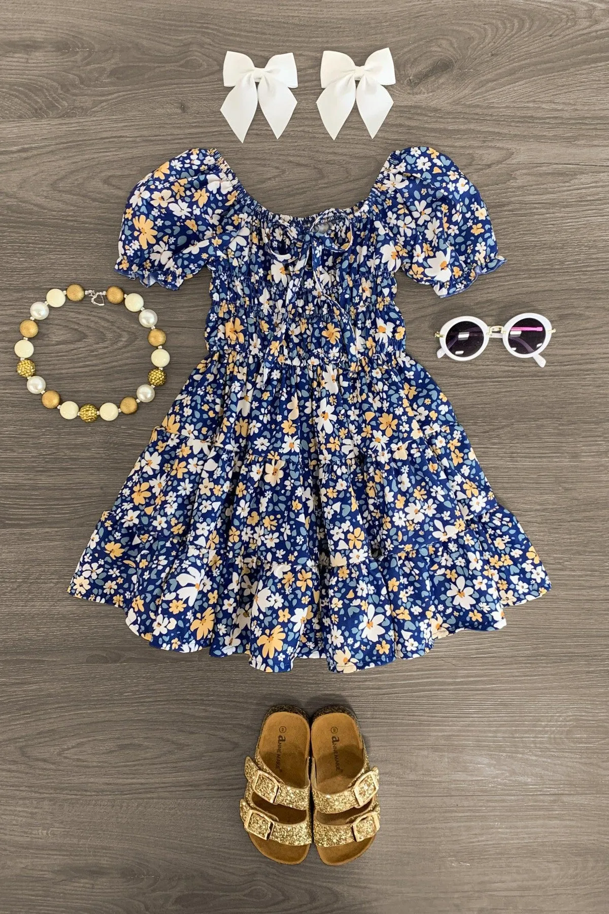 Blue Floral Cinch Puff Sleeve Dress