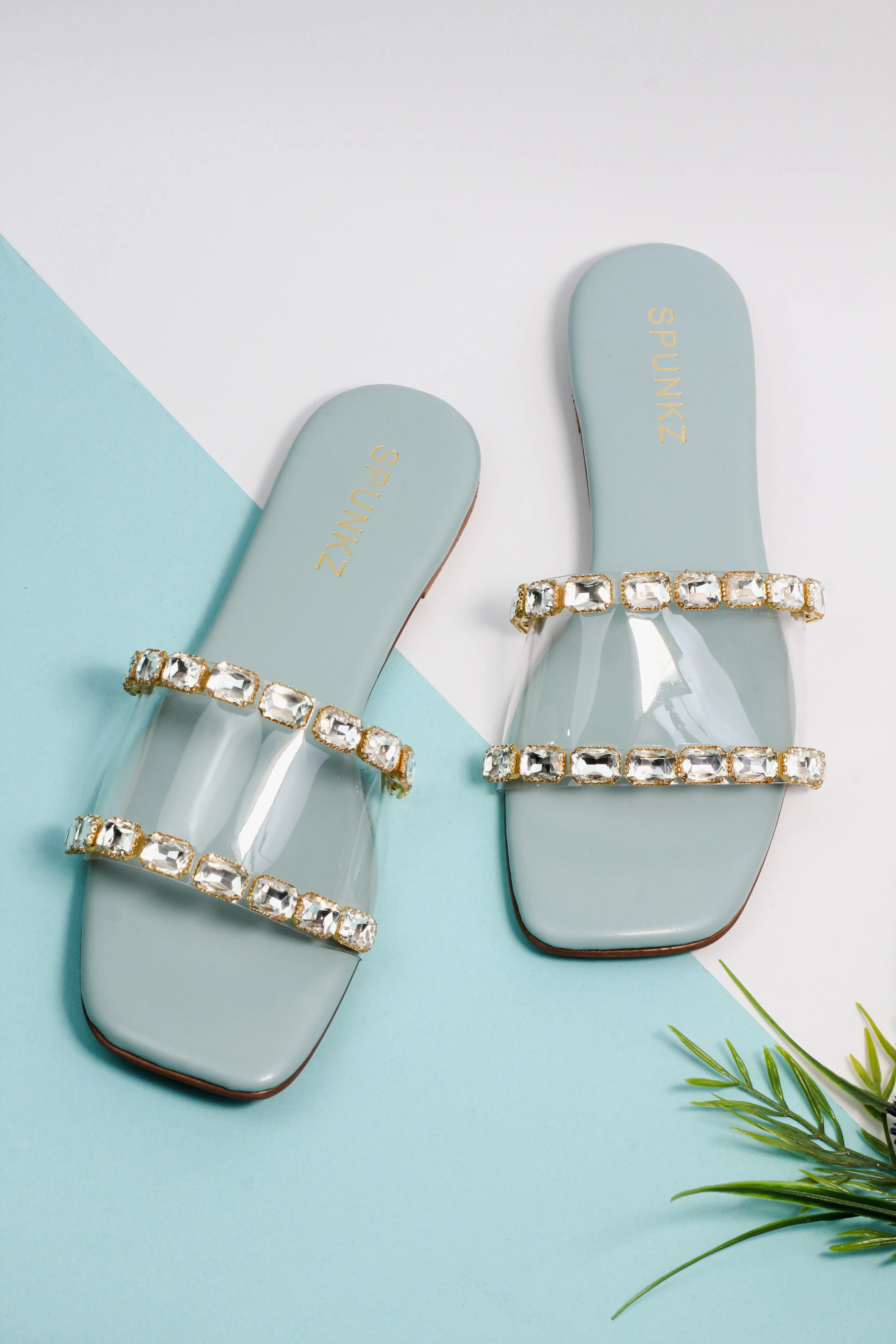 Chameli Blue Diamond Studded Embellished Flat Slides