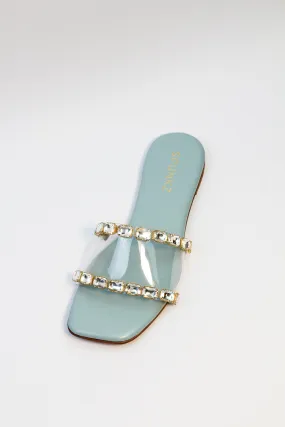 Chameli Blue Diamond Studded Embellished Flat Slides