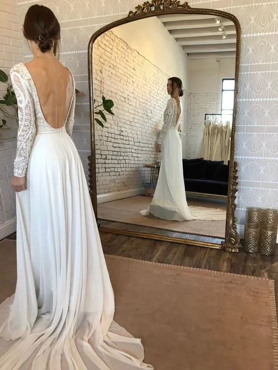 Chiffon A Line Ivory Wedding Dress Long Sleeve Backless Bridal Dress FR012