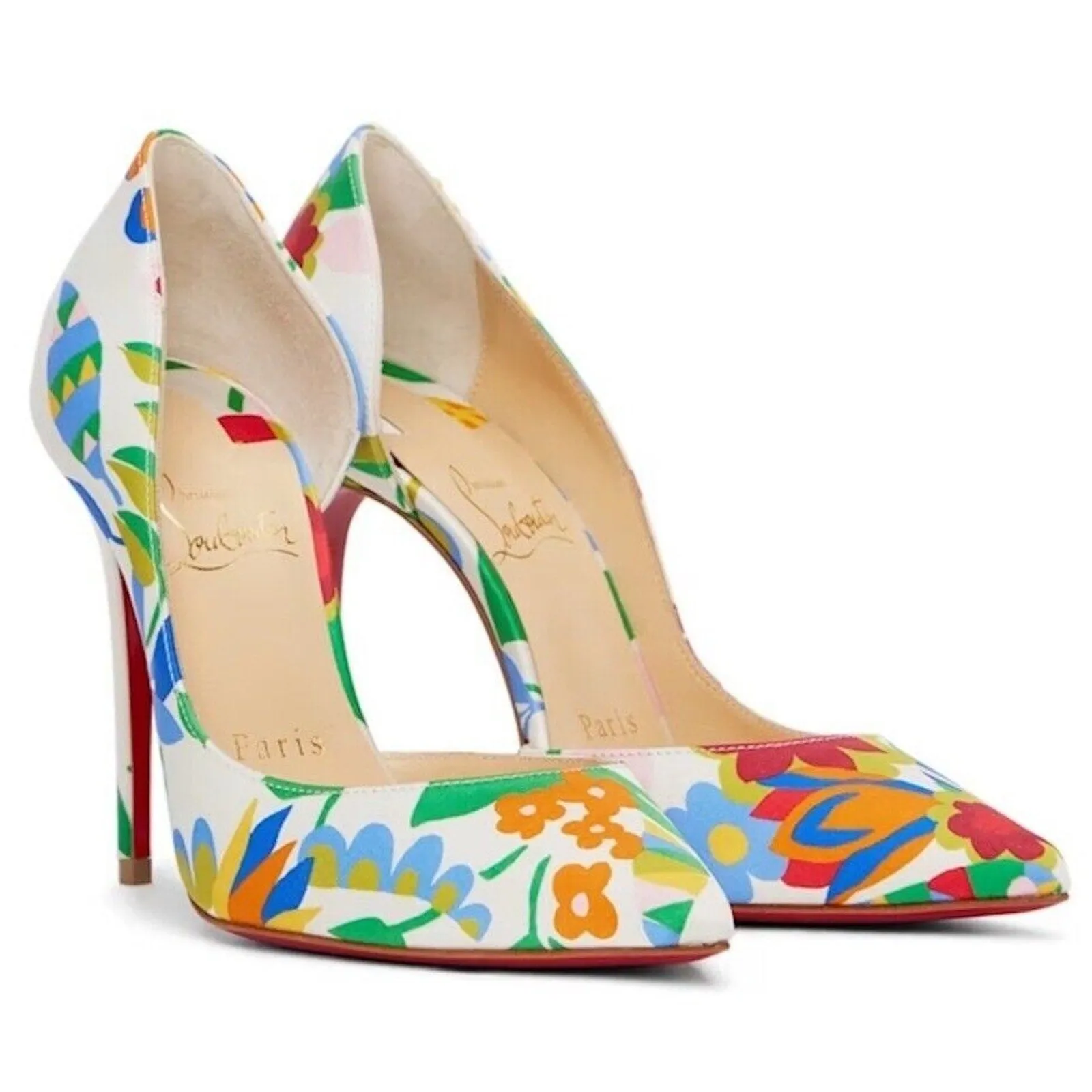 CHRISTIAN LOUBOUTIN Iriza 100 Kid Crepe Satin Bloomy Floral Pumps White Multi