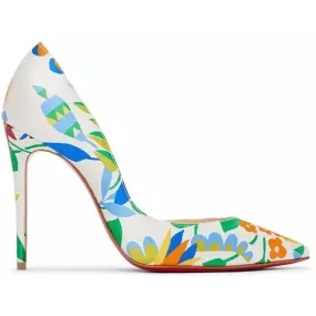 CHRISTIAN LOUBOUTIN Iriza 100 Kid Crepe Satin Bloomy Floral Pumps White Multi