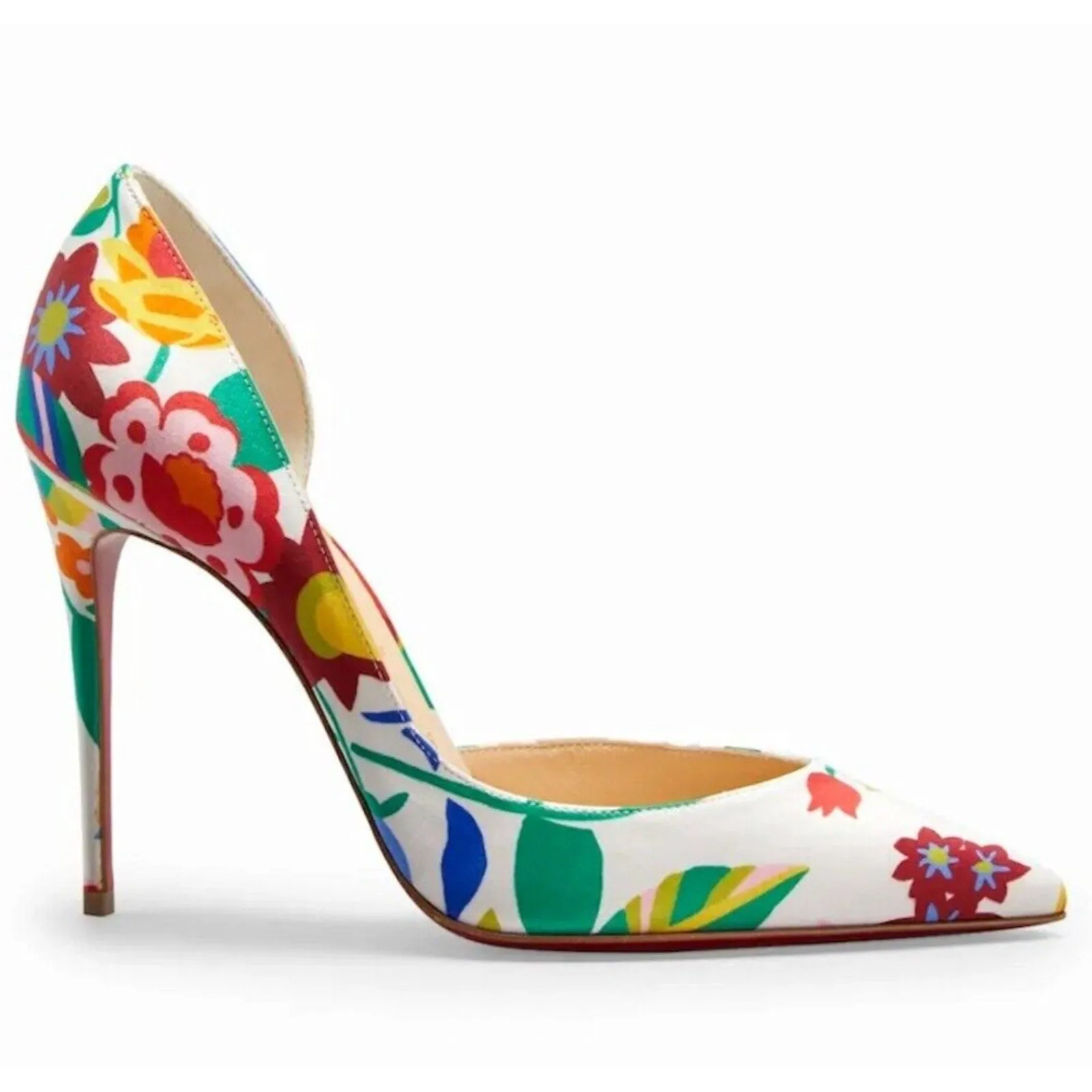 CHRISTIAN LOUBOUTIN Iriza 100 Kid Crepe Satin Bloomy Floral Pumps White Multi