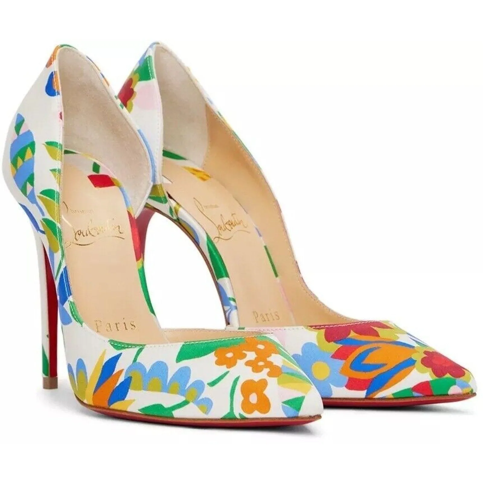 CHRISTIAN LOUBOUTIN Iriza 100 Kid Crepe Satin Bloomy Floral Pumps White Multi