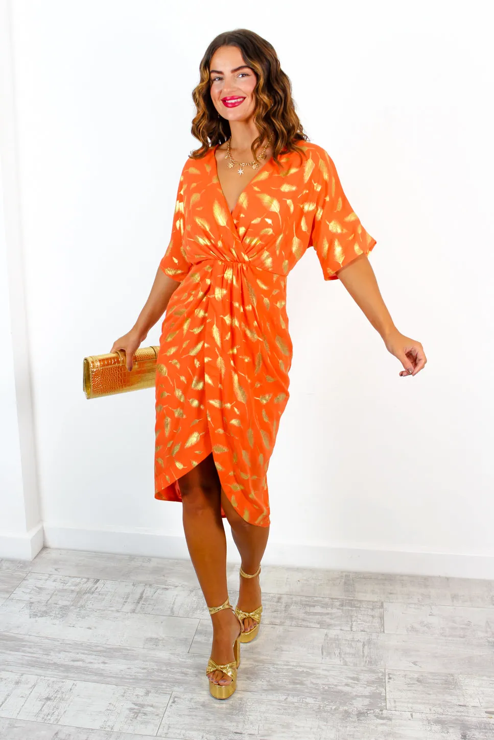 Cocktail OClock - Orange Gold Feather Midi Dress