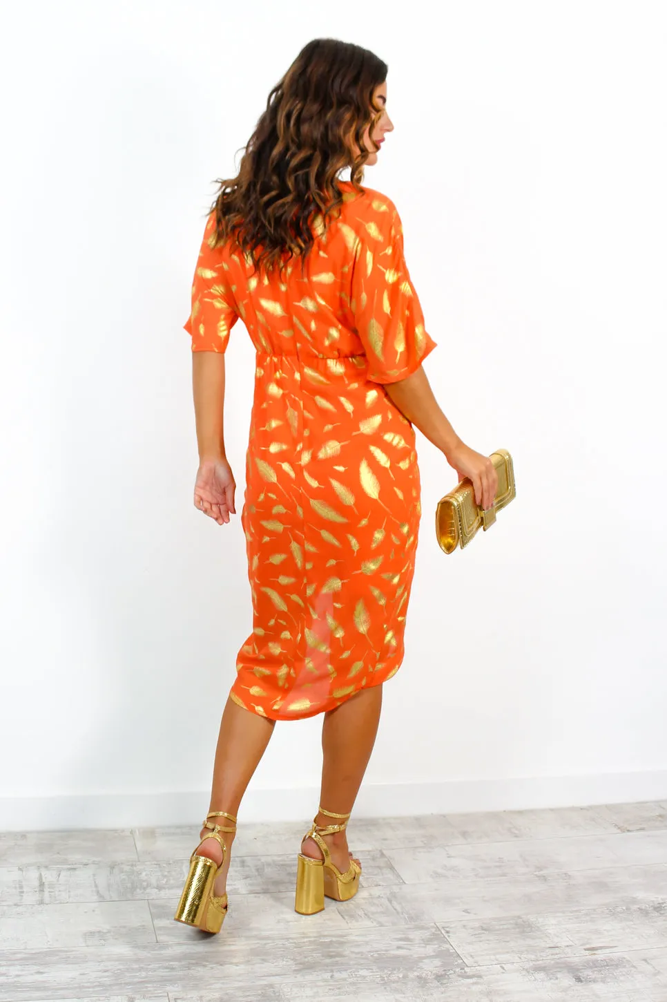 Cocktail OClock - Orange Gold Feather Midi Dress