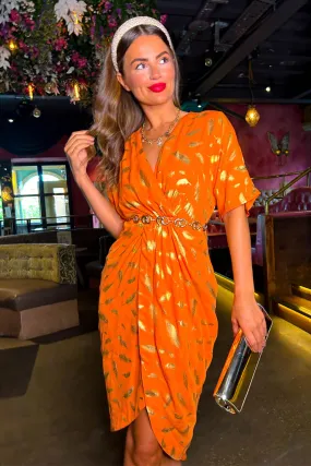 Cocktail OClock - Orange Gold Feather Midi Dress