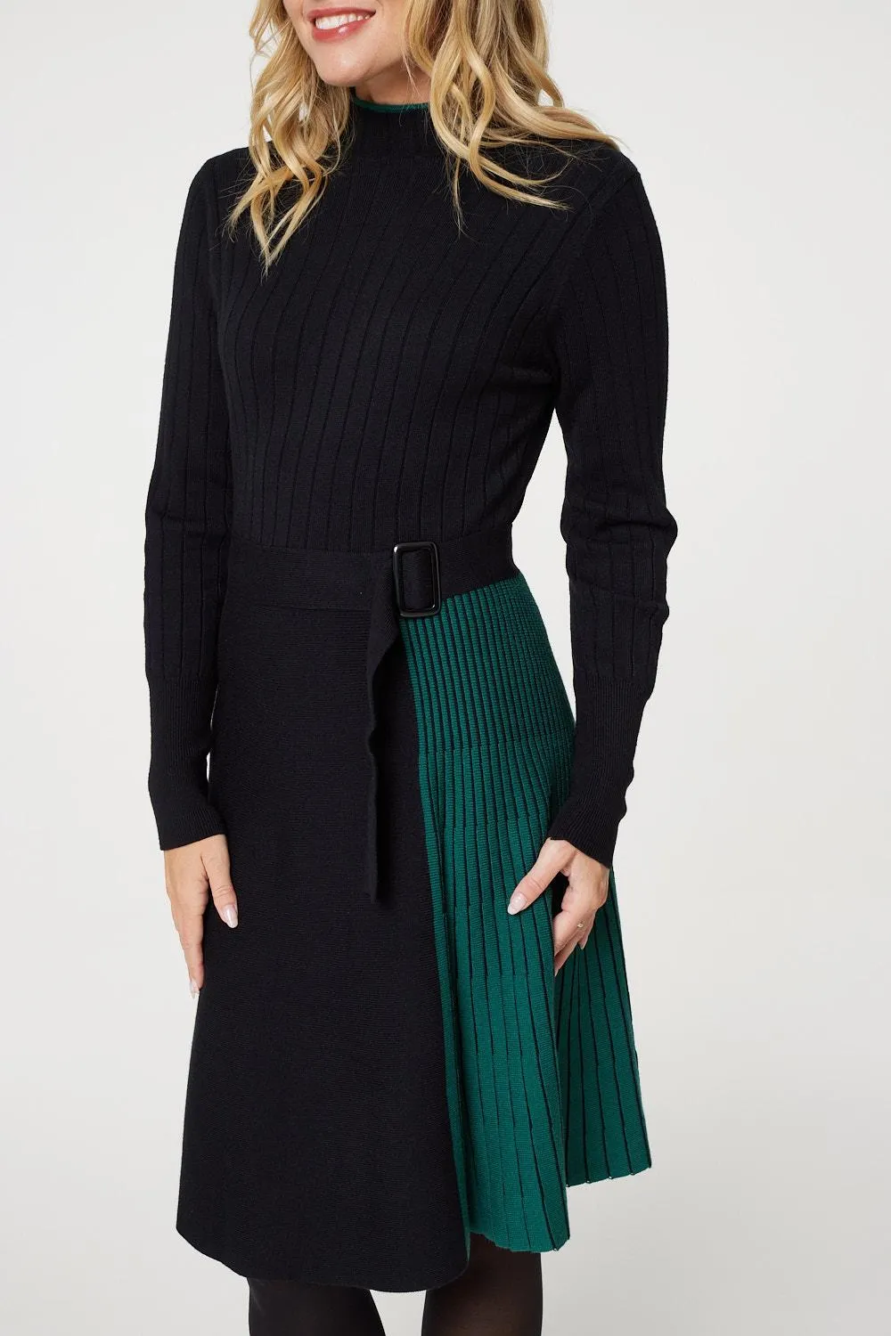 Colour Block High Neck Pleated Knit Dress