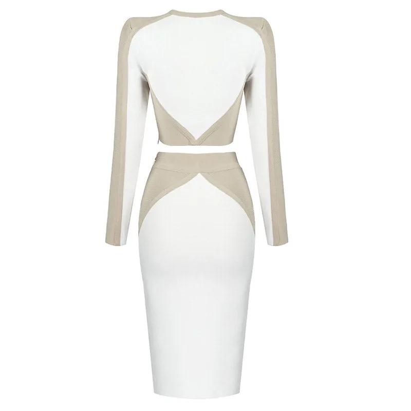 Contrast High Waist Long Sleeve Bodycon Bandage Matching Set - White