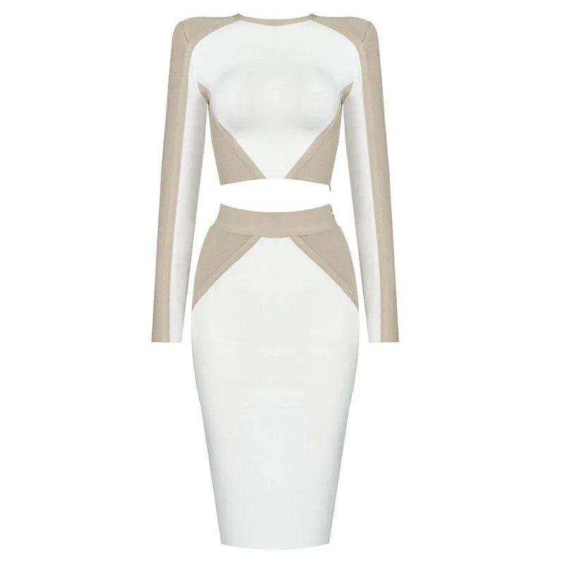 Contrast High Waist Long Sleeve Bodycon Bandage Matching Set - White