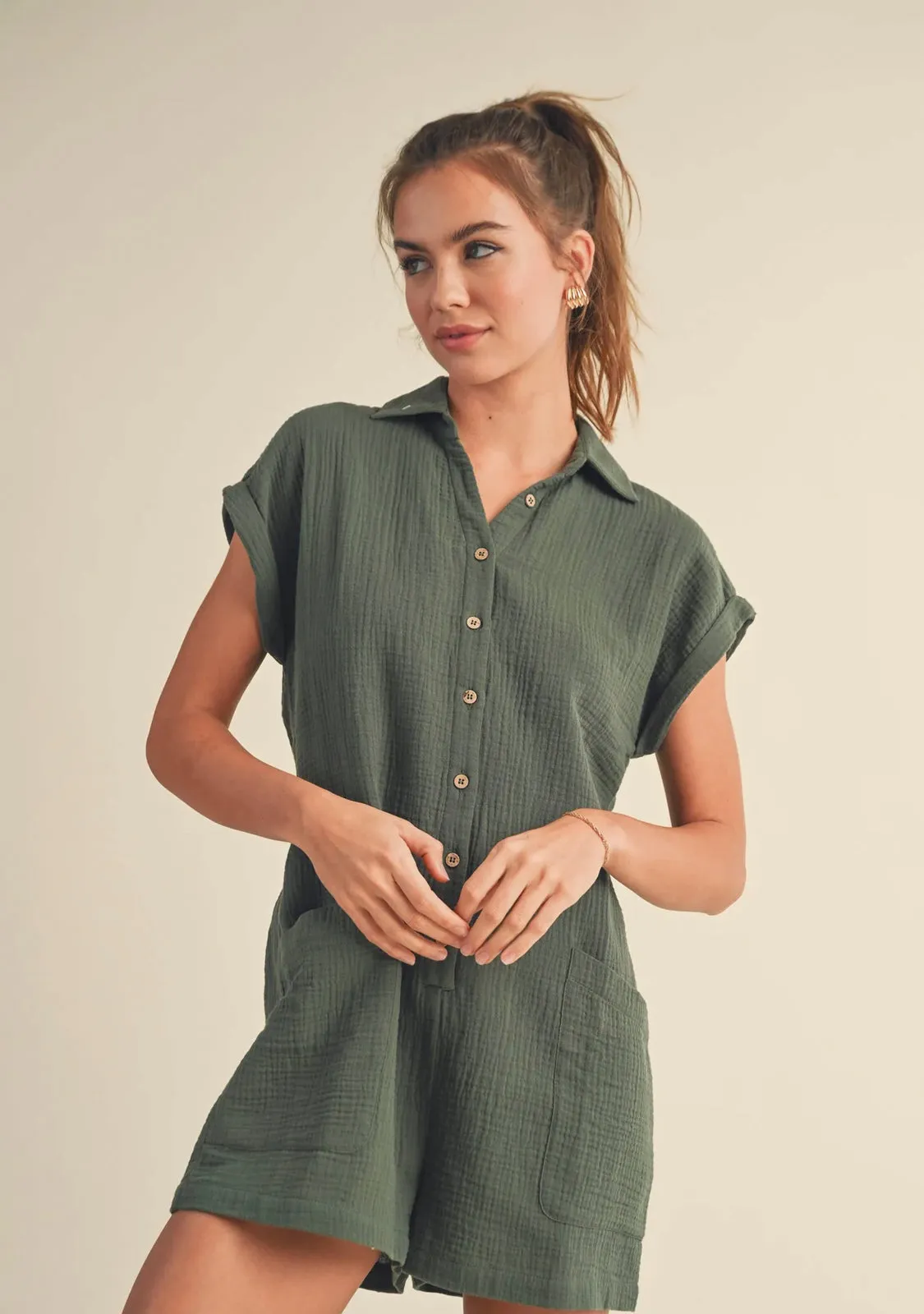 Cotton Gauze Button Down Romper