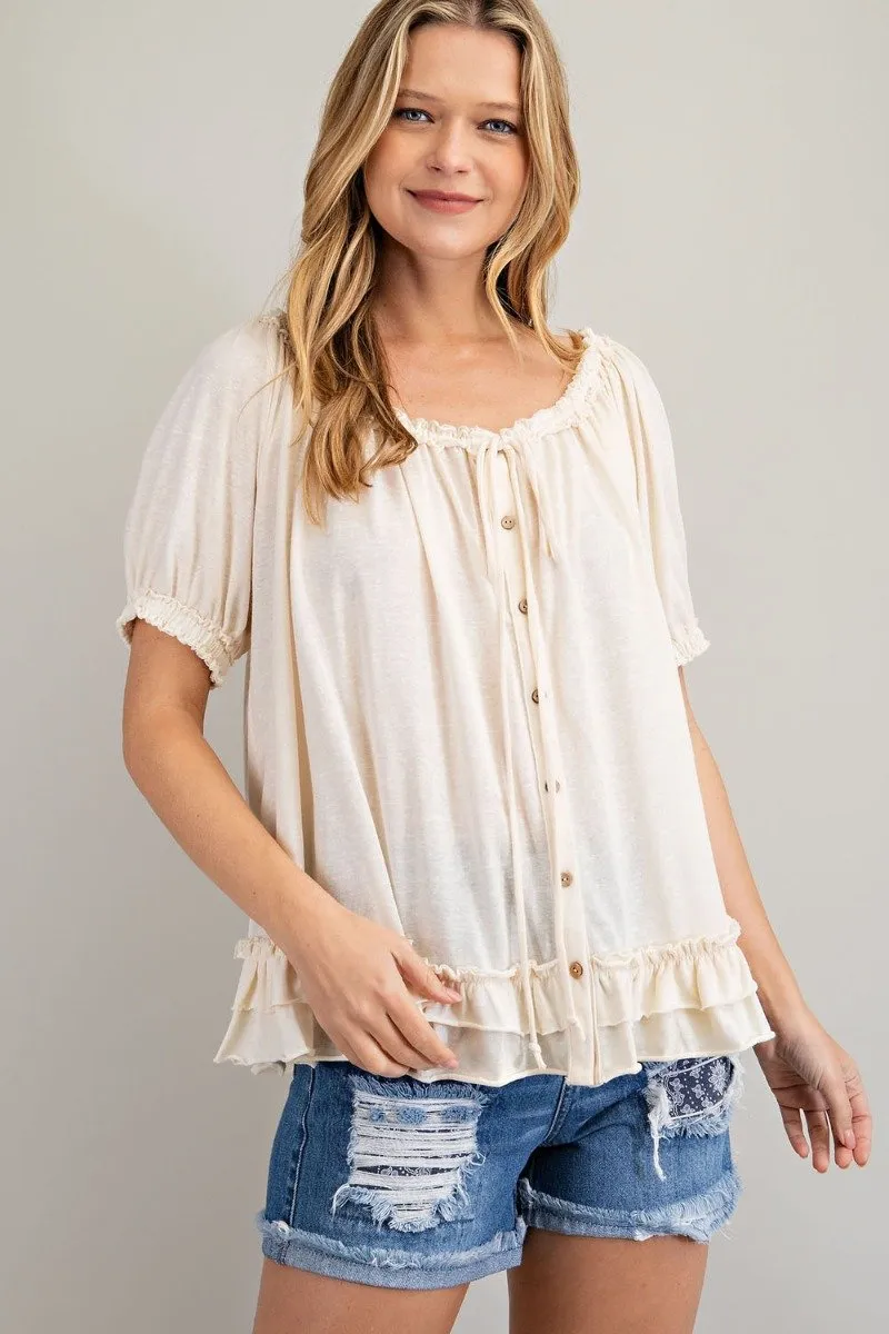 Cotton slub button-down top with double ruffle front