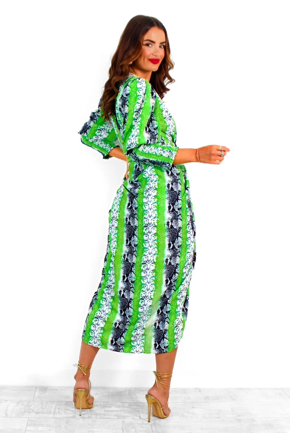 Drive Em Wild - Green Grey Snake Print Midi Wrap Dress