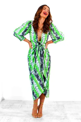 Drive Em Wild - Green Grey Snake Print Midi Wrap Dress