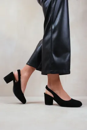 EDITH WIDE FIT BLOCK HEEL SLINGBACK SHOES IN BLACK SUEDE