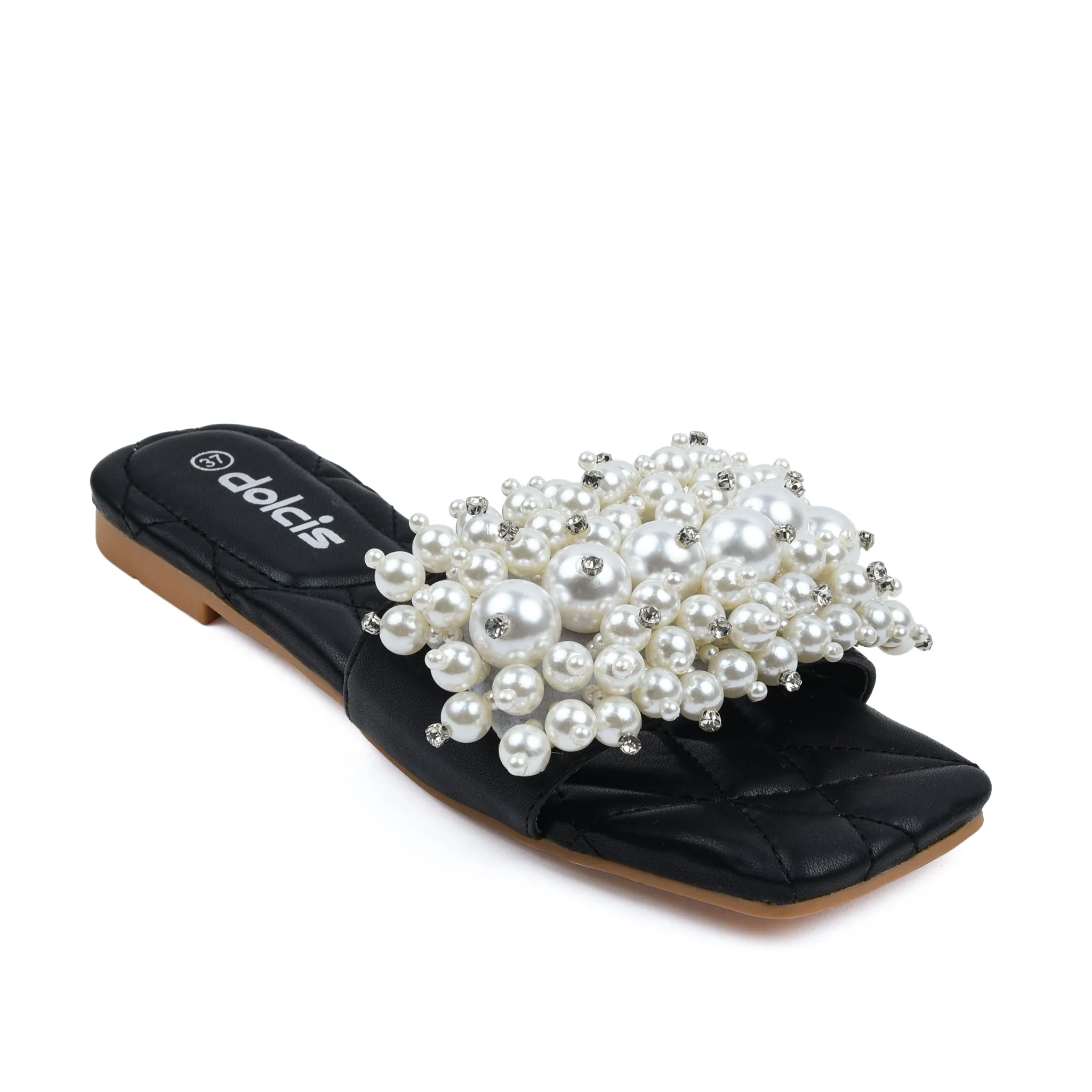 Elegant Black Pearl Embellished Flats | 591J-C