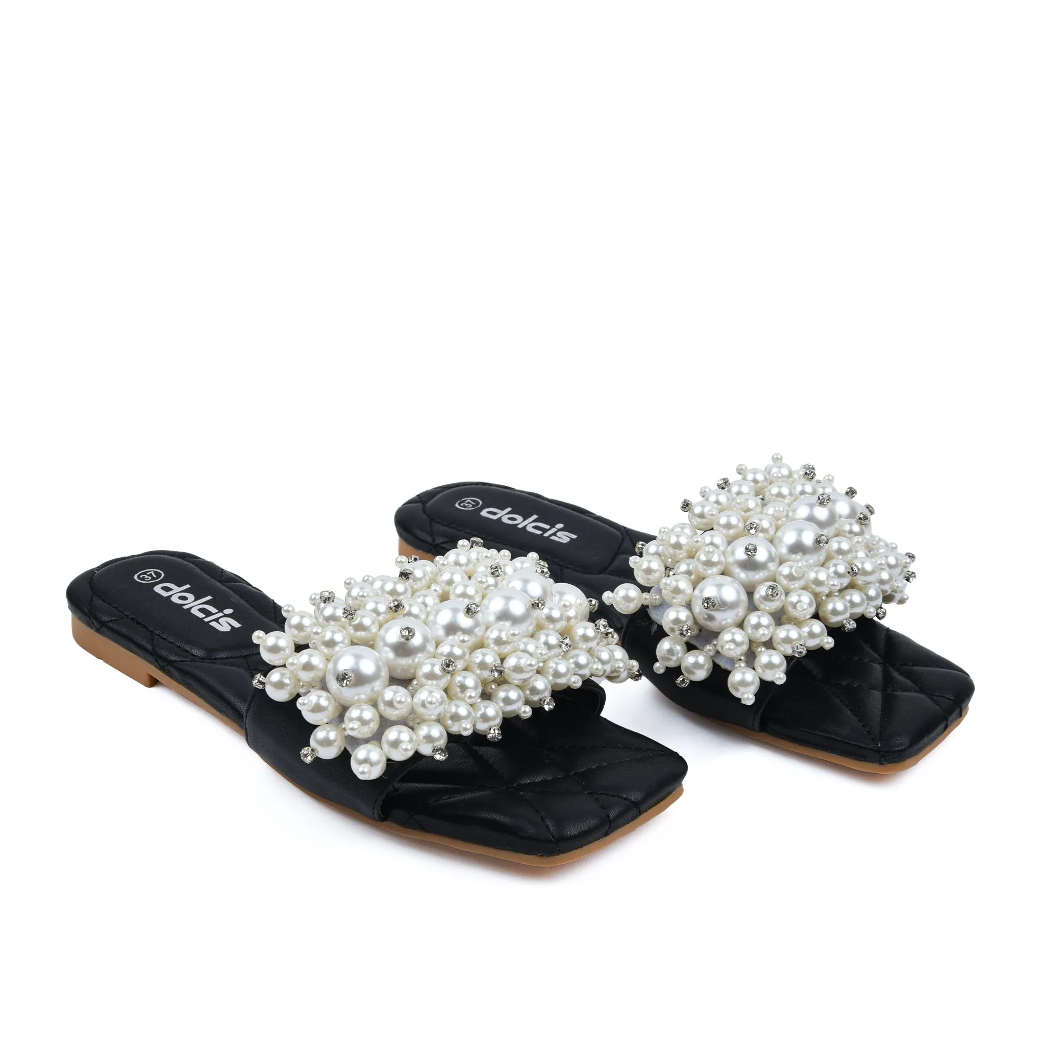 Elegant Black Pearl Embellished Flats | 591J-C