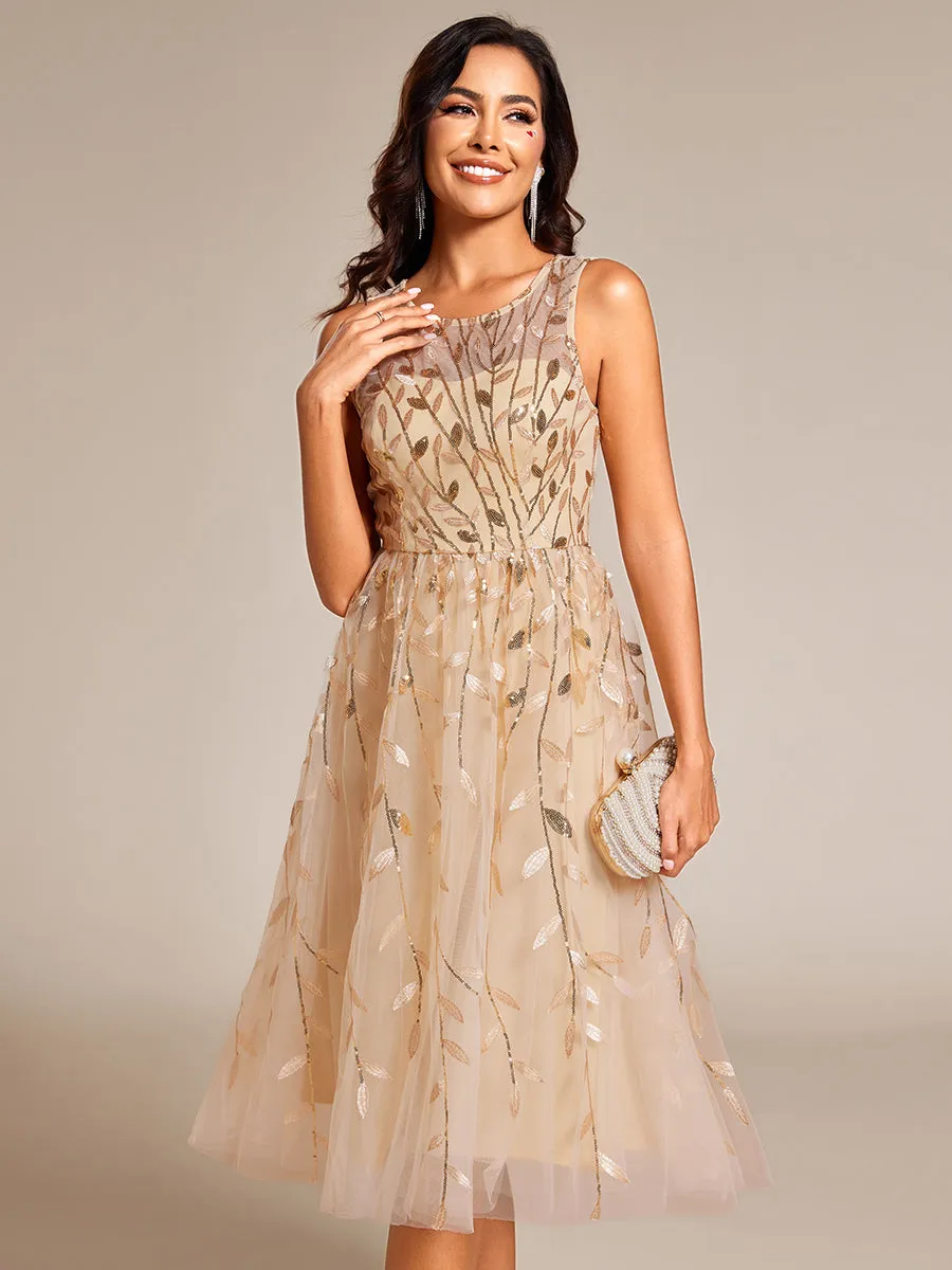 Exquisite Round Neckline Sleeveless Tulle Sequin Lining Dresses with Jacquard decoration