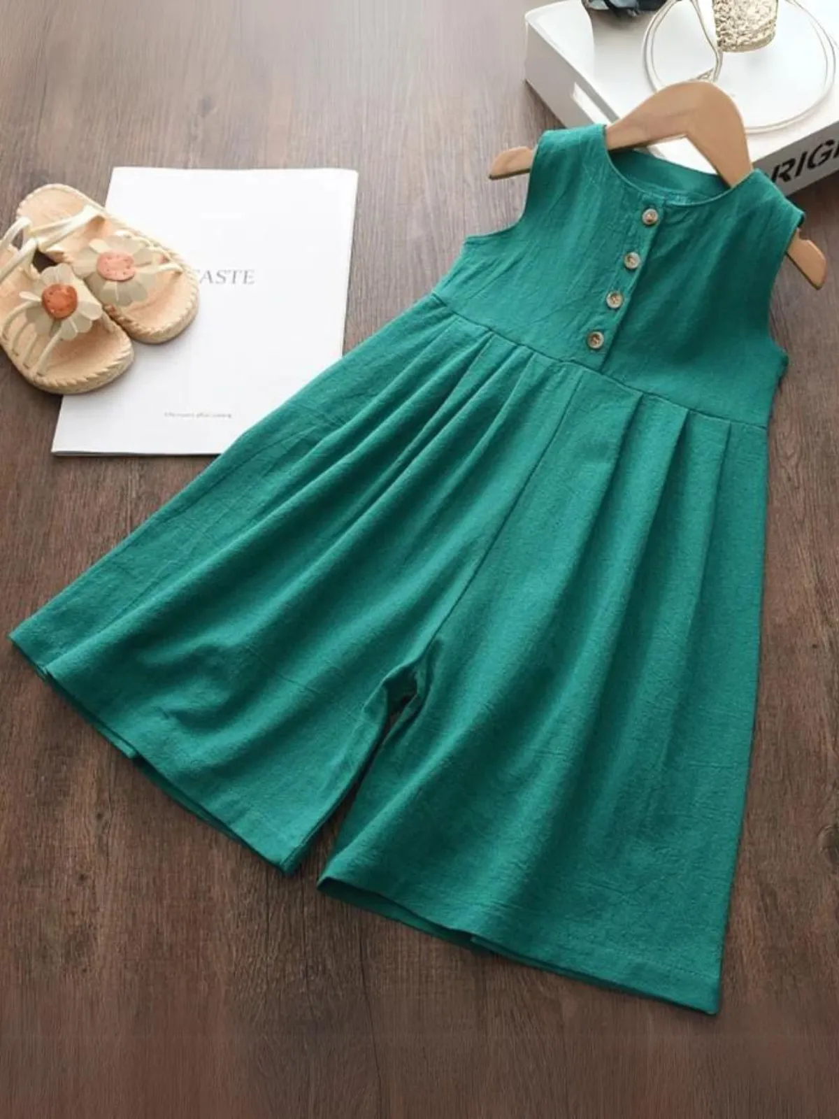 Girls Chic Sleeveless Buttoned Jumpsuit Dress with Cinched Waist