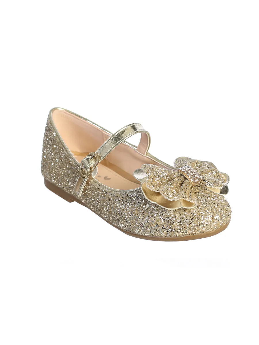 Girls Double Bow Mary Jane Glitter Flats in Sizes 9 Toddler to 5 Kids