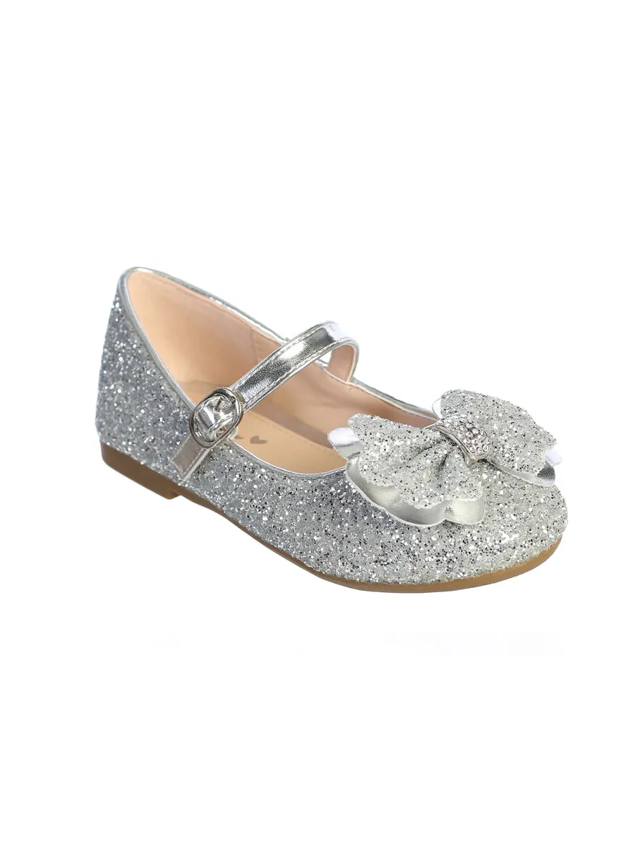 Girls Double Bow Mary Jane Glitter Flats in Sizes 9 Toddler to 5 Kids