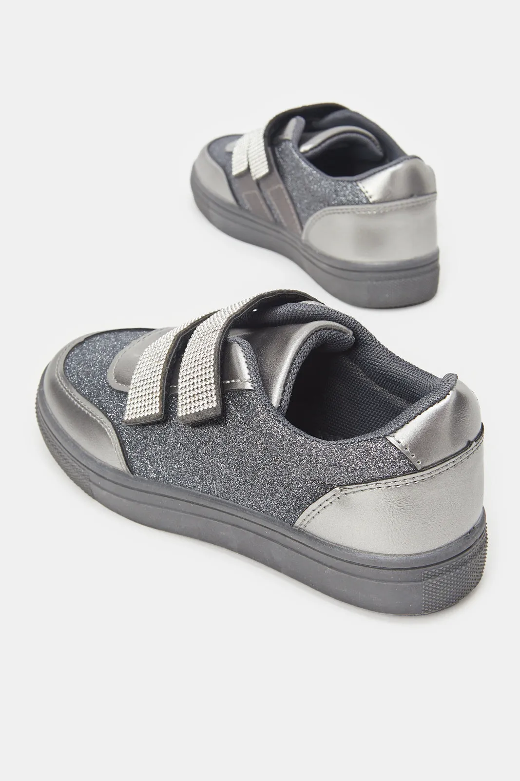 Girls Silver Diamante Velcro Sneaker