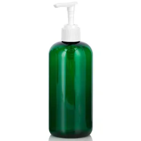 Green Plastic Boston Round Bottle with White Lotion Pump (12 Pack)