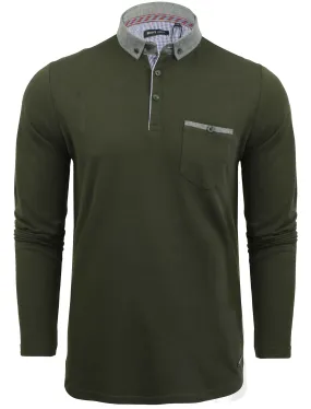 Herae Chambray Collar Long Sleeve Polo Shirt in Khaki