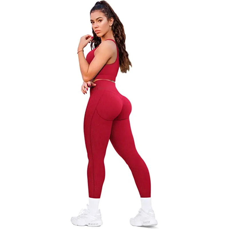 High Waist Ribbed Seamless V Neck Set