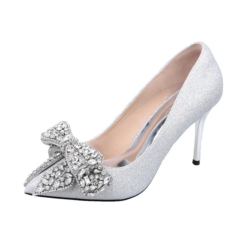 Joskaa Luxury Silver Crystal Bowknot Women Pumps Sexy Stiletto Heel Wedding Party Shoes Woman Pointed Toe Thin High Heels