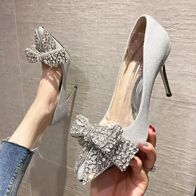 Joskaa Luxury Silver Crystal Bowknot Women Pumps Sexy Stiletto Heel Wedding Party Shoes Woman Pointed Toe Thin High Heels