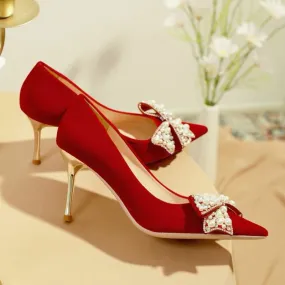 Joskaa Sexy Red Velvet Wedding Shoes For Women 2024 Luxury Pearl Bowknot Pointed Toe Pumps Woman Stiletto High Heels   Shoes