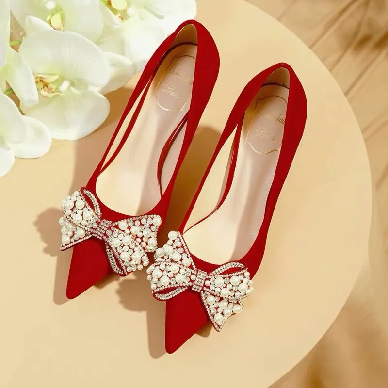 Joskaa Sexy Red Velvet Wedding Shoes For Women 2024 Luxury Pearl Bowknot Pointed Toe Pumps Woman Stiletto High Heels   Shoes