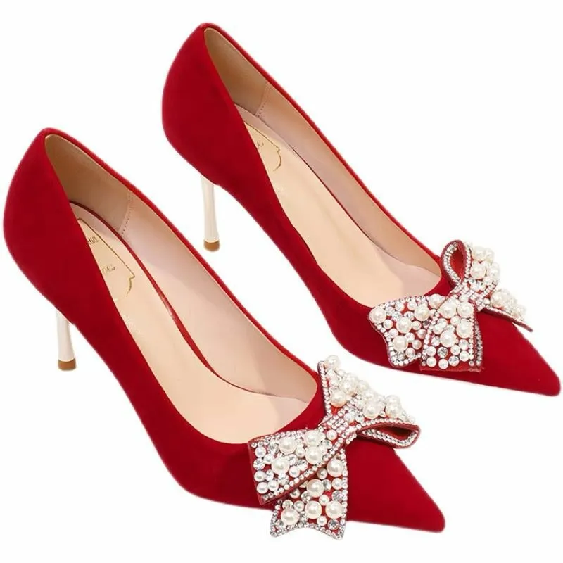 Joskaa Sexy Red Velvet Wedding Shoes For Women 2024 Luxury Pearl Bowknot Pointed Toe Pumps Woman Stiletto High Heels   Shoes