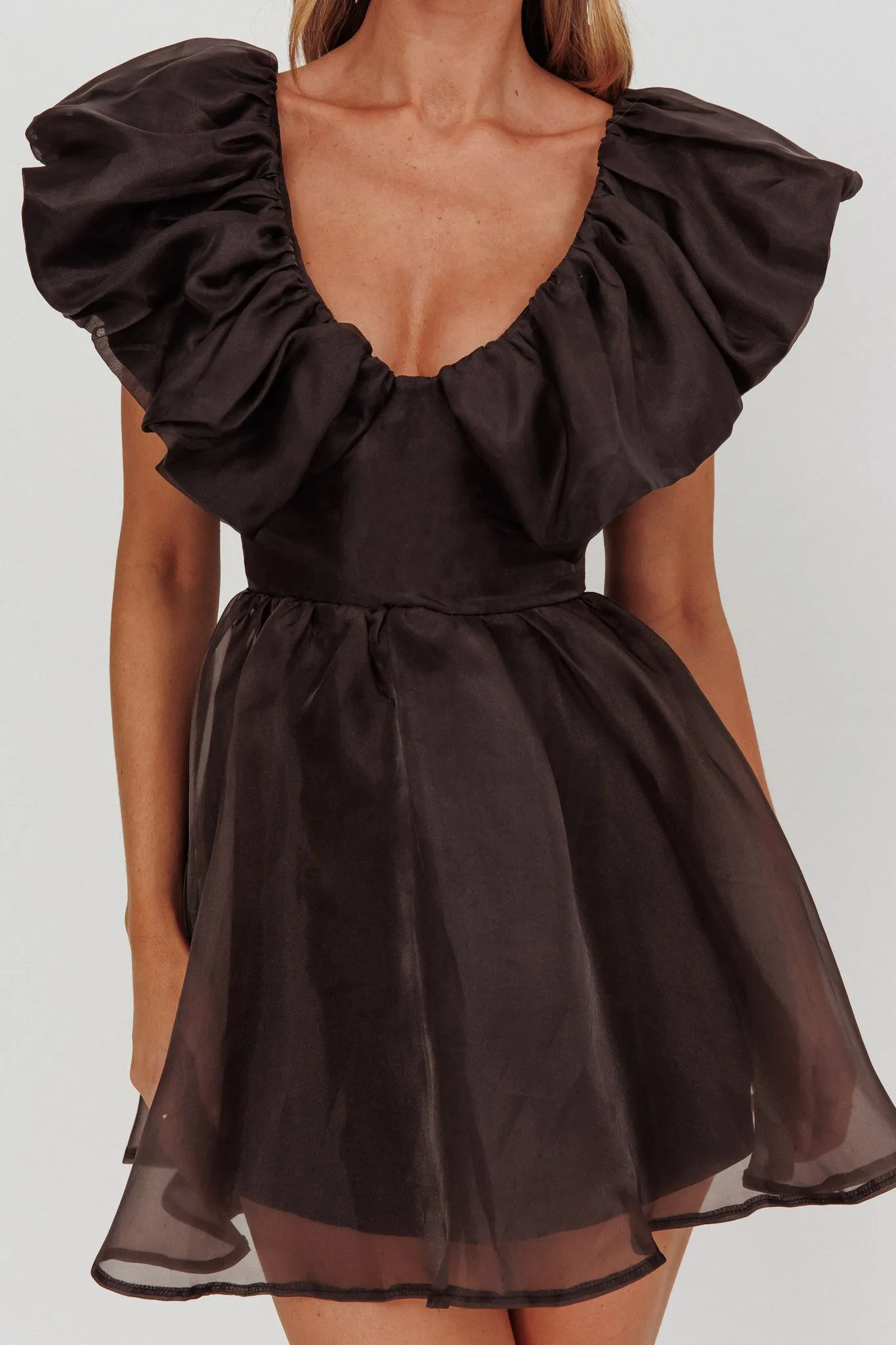 Kahlo Ruffle Neckline Mini Dress Black